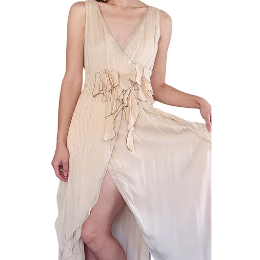 Vintage 2000s Fendi Dress Silk Chiffon Wrap Evening Gown Cream NWT Bergdorf Goodman