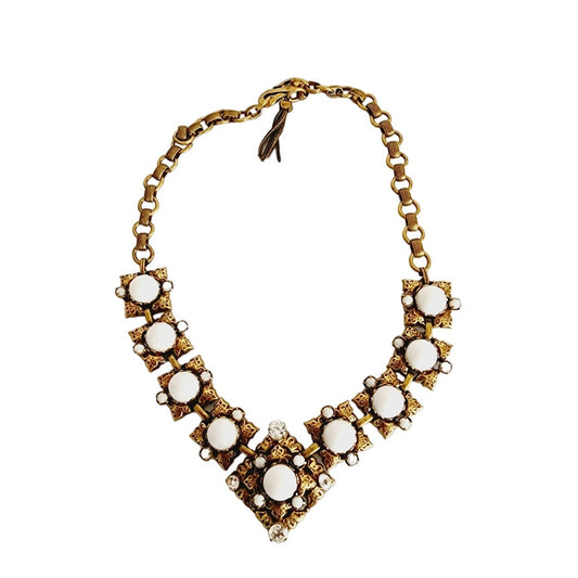 1960s Choker Necklace White Milk Glass & Gold Baroque Style