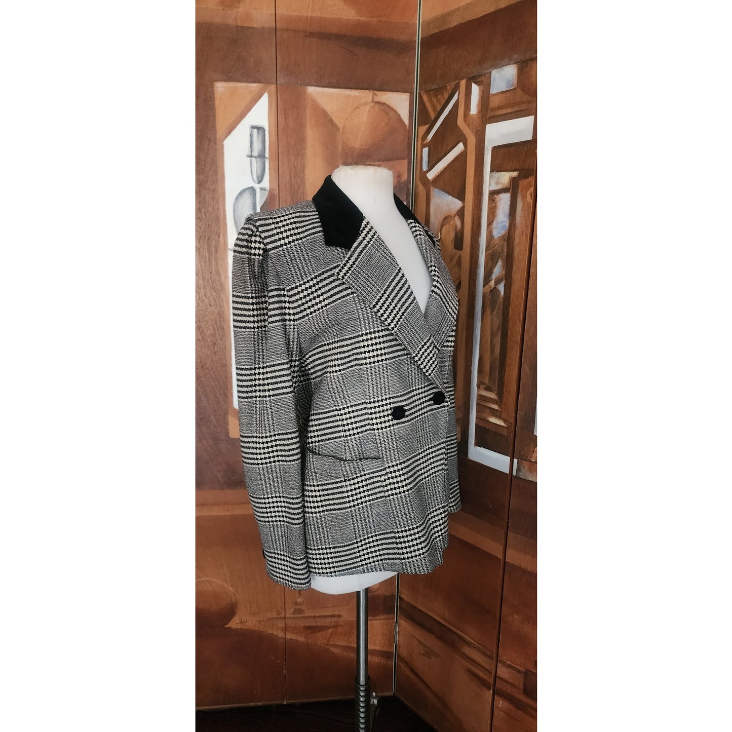 Vintage 1980s ESCADA Blazer Black Gray Plaid Tailored Jacket Double Breasted Velvet Collar