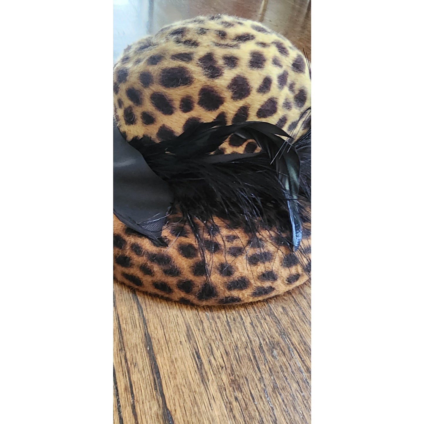 Vintage Y2K Carluci Millinery Animal Print Hat Wide Brimmed w/Bow & Feathers