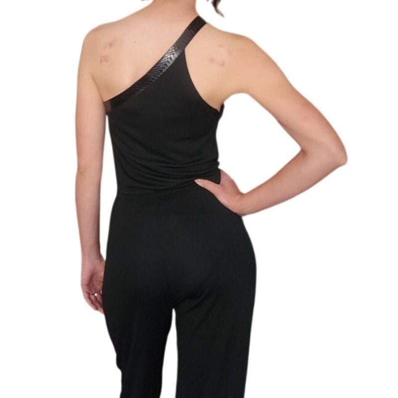 Vintage 1970s Genny by Gianni Versace Jumpsuit Asymmetric Black Rayon One Shoulder Snakeskin Trim Small