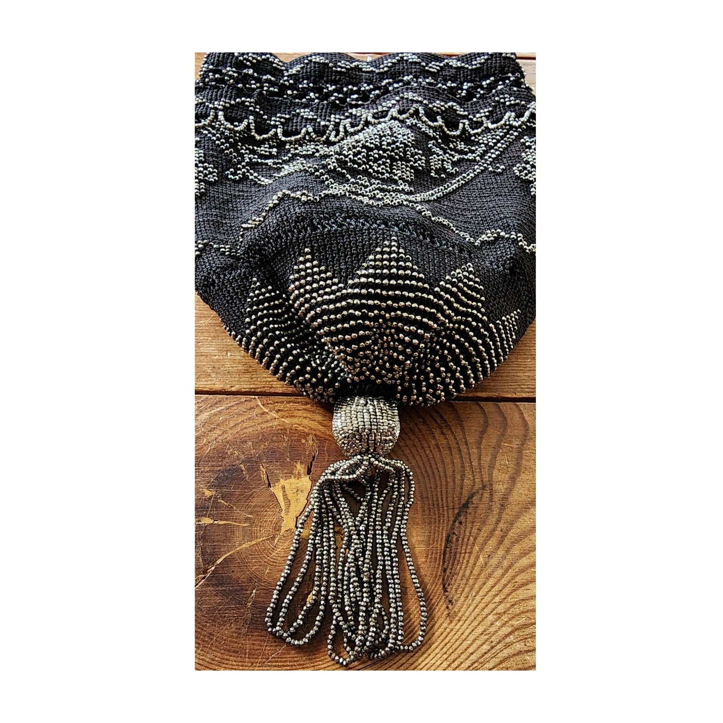 Vintage 20s Evening Bag Black Crochet w/Silver Beading