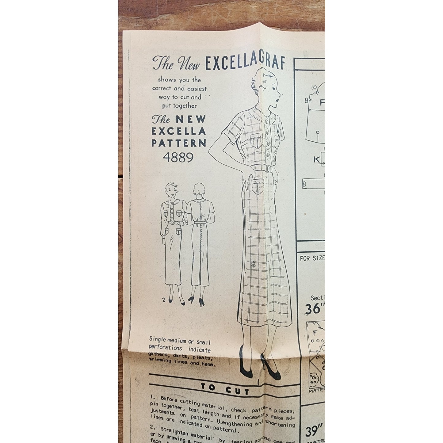 Vintage 1930s Sewing Pattern ORIGINAL Button Front Dress Excella Pattern 4889 Bust 36