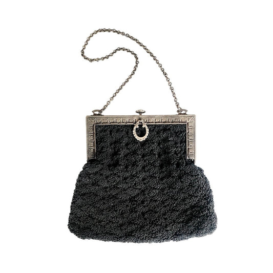 Antique Evening Bag Edwardian Purse Black Crochet Silver Etched Frame 1900s