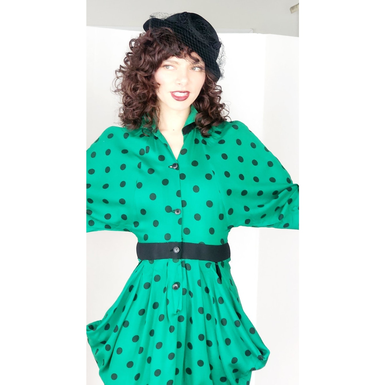 Vintage 80s Does 40s Green Polkadot Print Dress Peplum Pockets  / Strawberry Studio / S