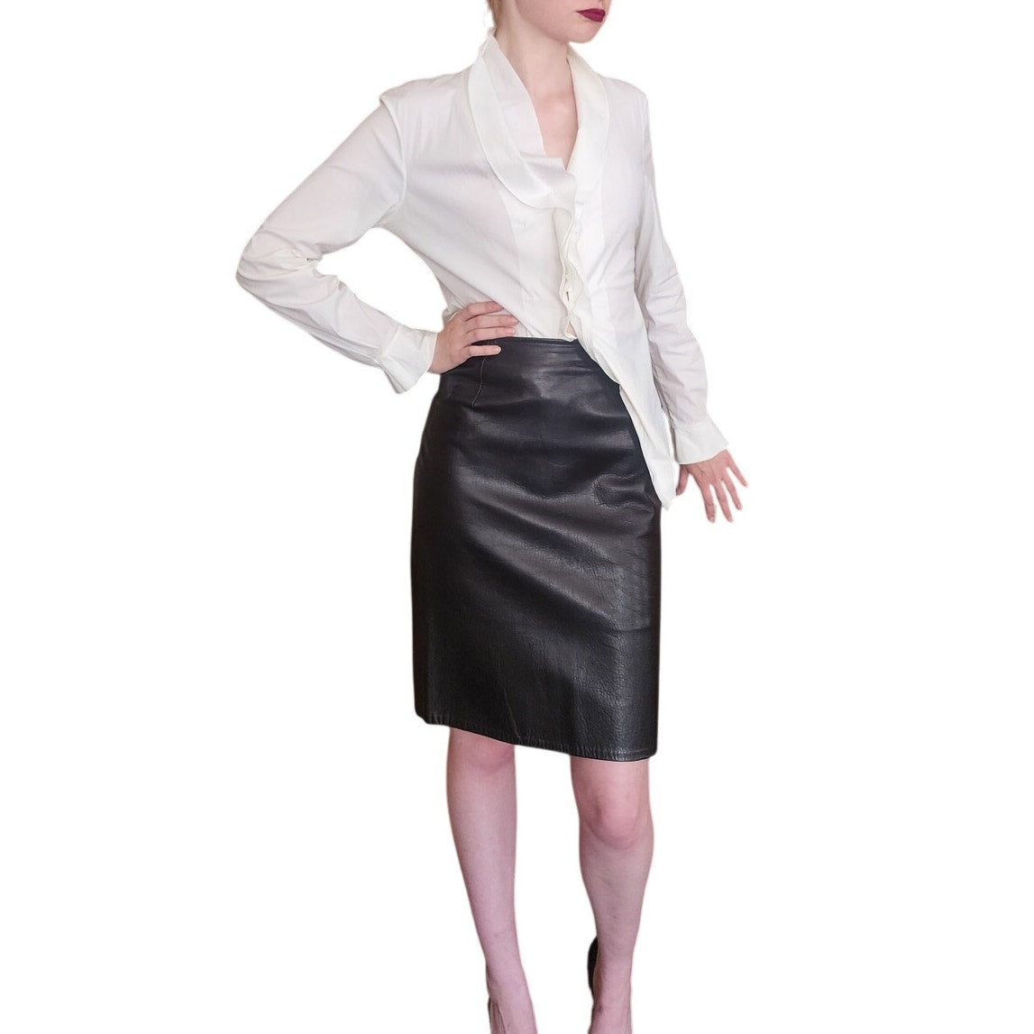 Vintage 80s Hugo Buscati Black Leather Pencil Skirt High Waisted Small