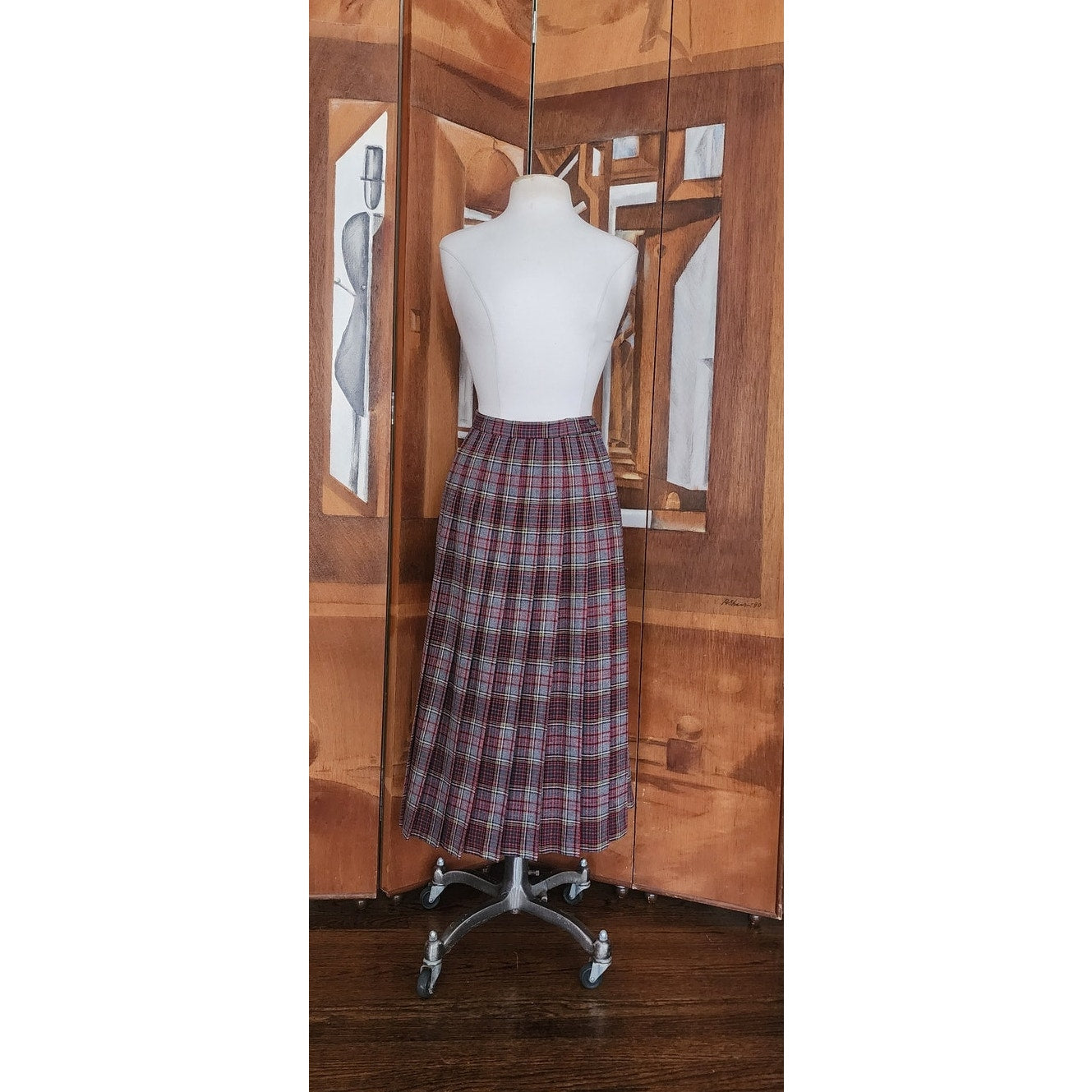 Vintage 70s PENDLETON Plaid Midi Skirt Pleated Wool Anderson Tartan Red