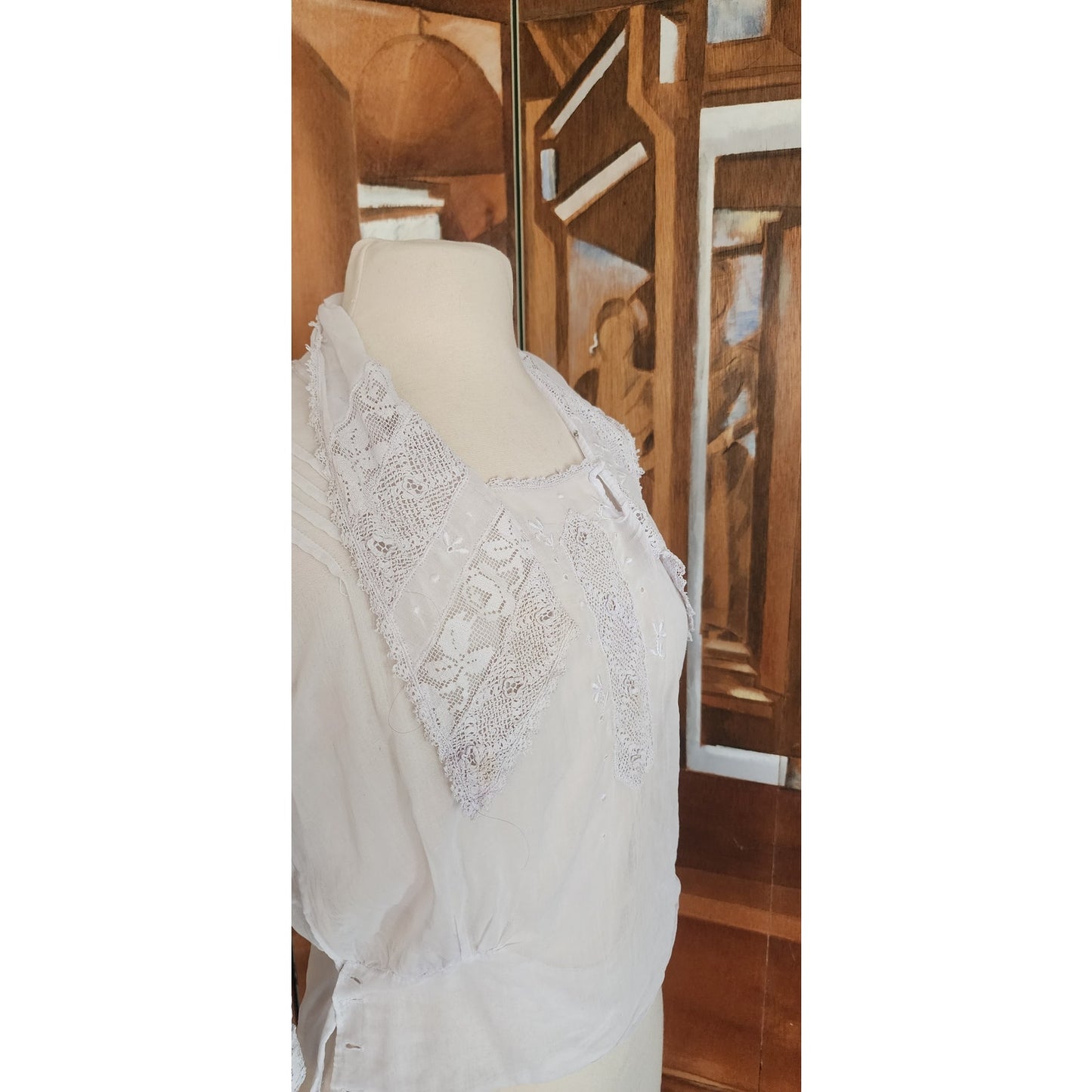 Antique Edwardian Blouse White Cotton Lace Embroidery Sailor Collar / S