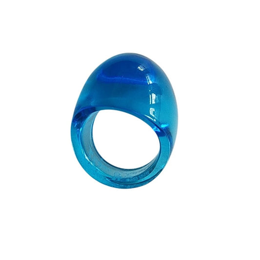 Vintage Lalique Ring Blue Glass Domed Cabochon Signed Size 5.5