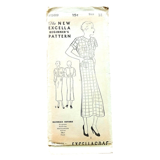 Vintage 1930s Sewing Pattern ORIGINAL: Button Front Dress Excella Pattern 4889 Bust 36