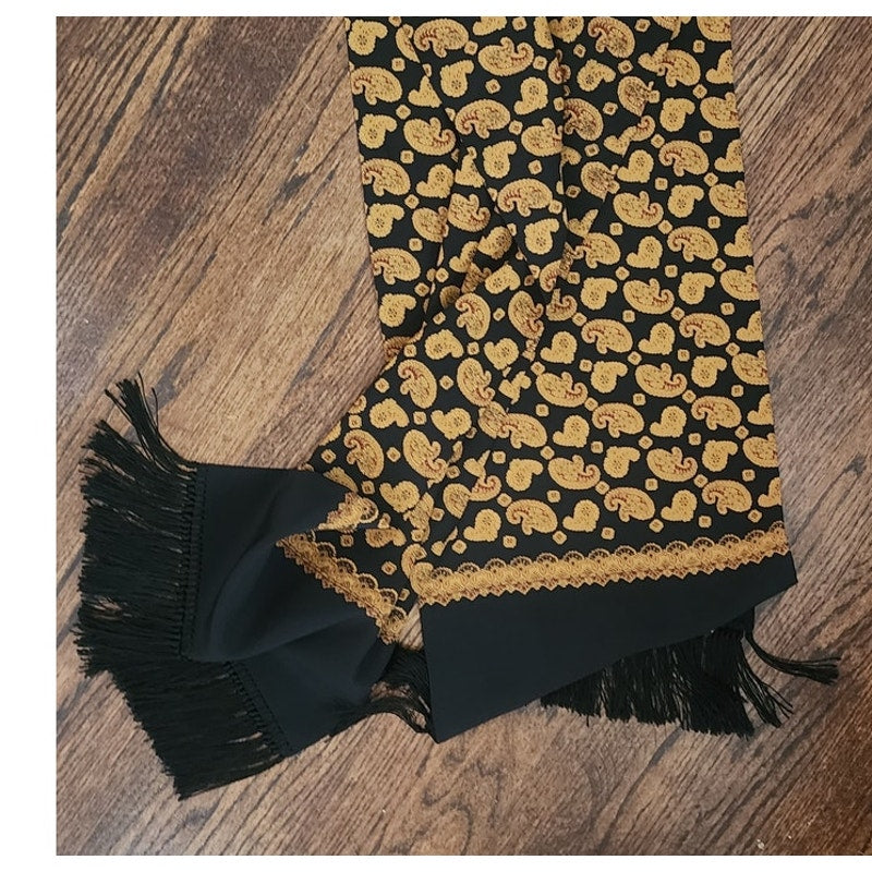 Vintage 1990s DKNY Scarf Black Gold Paisley Print Silk Oblong Fringe Donna Karan