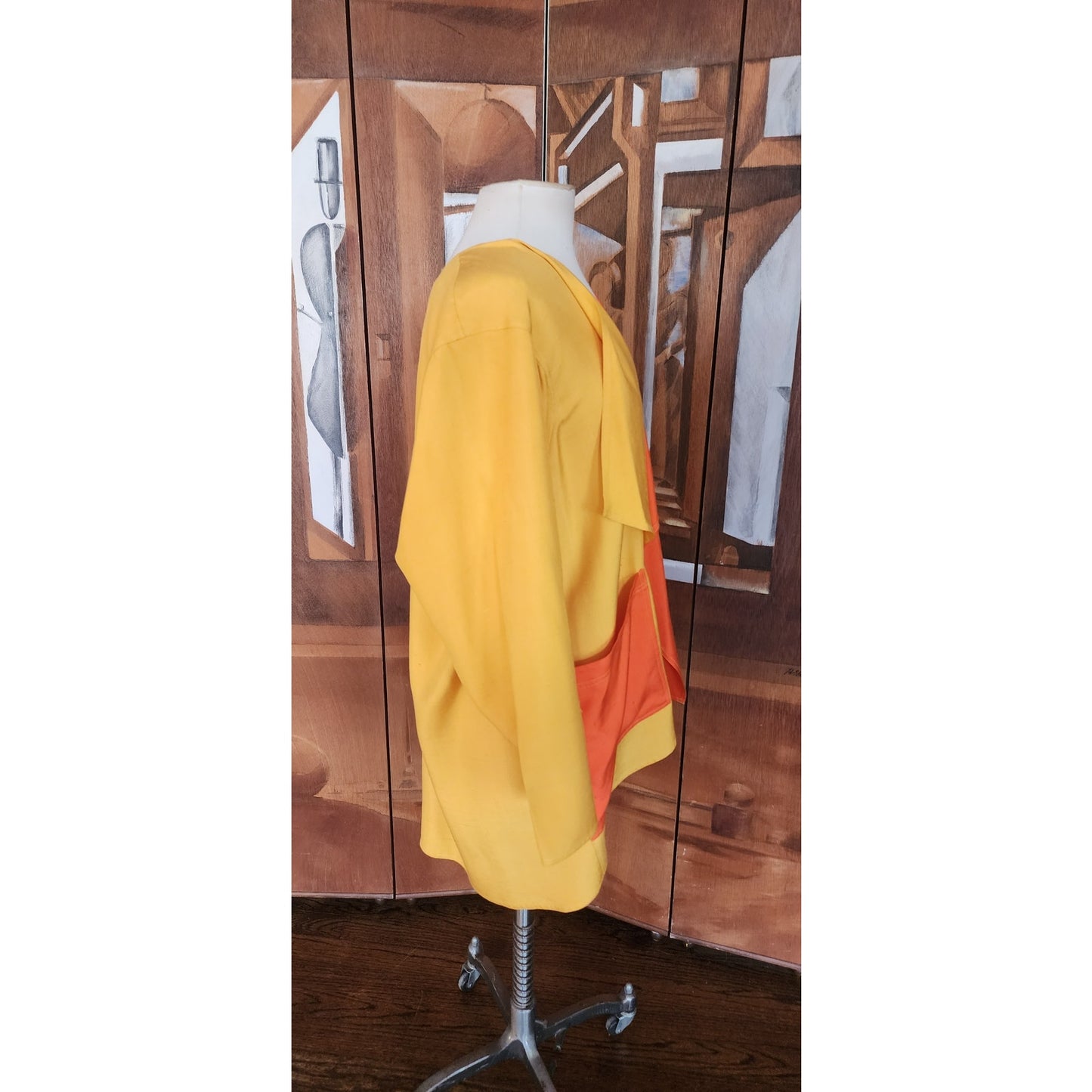 VTG 90s Duster Jacket Silk Yellow Orange Colorblock Blazer Victoria March Chicago