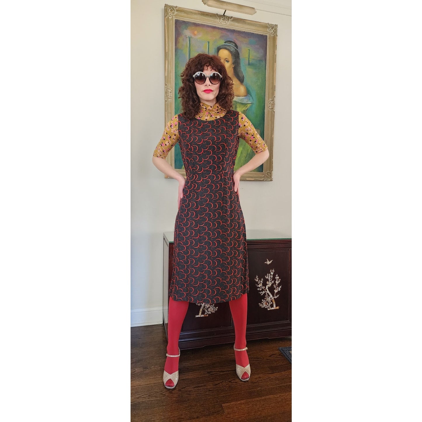 Vintage 1960s Embroidered Dress Red on Black Crescent Moon / Medium