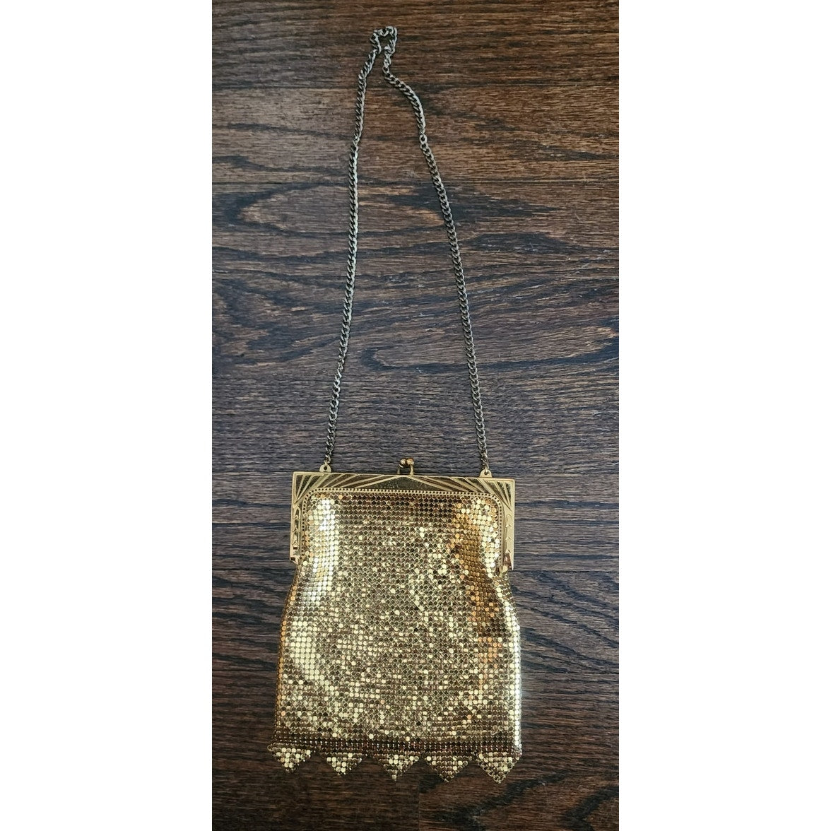 Vintage 50s Whiting & Davis Gold Mesh Bag Dressy Evening Purse Scallop Hem Art Deco Frame