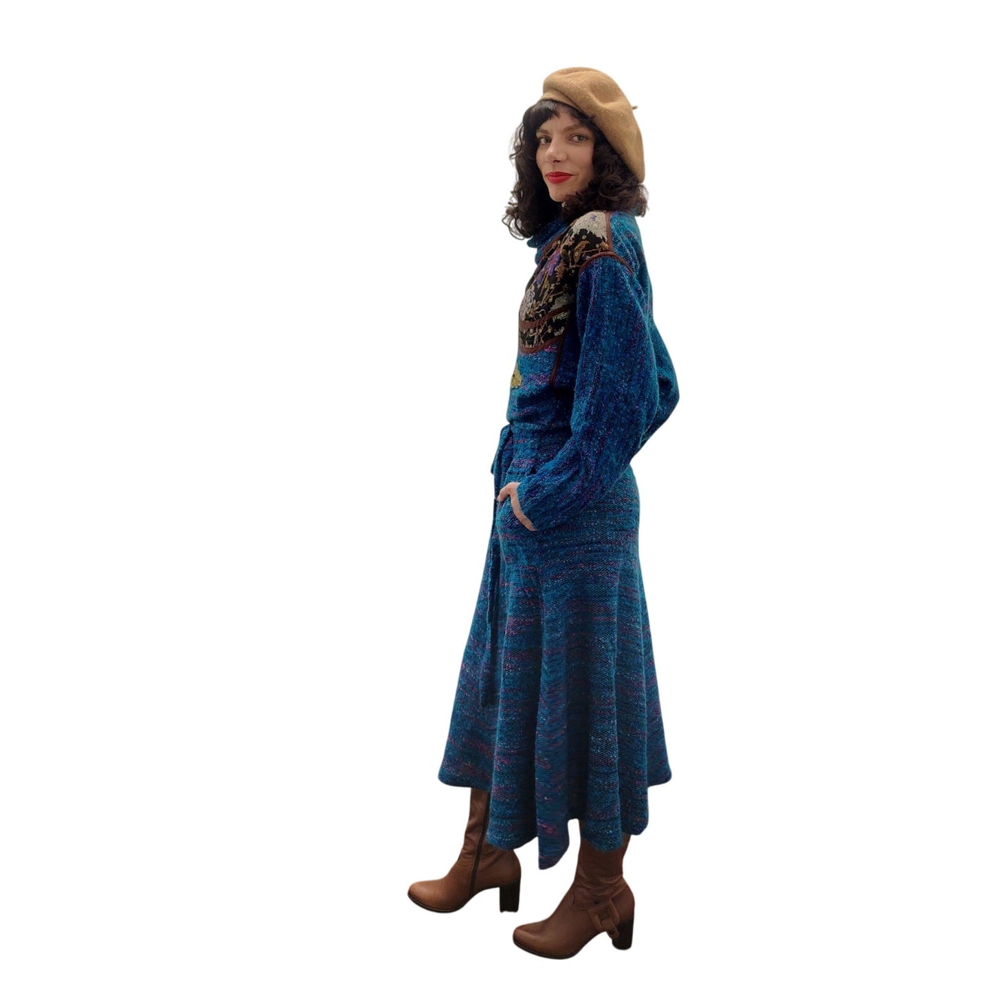 Vintage 1980s KOOS VAN DER AKKER Dress Blue Green Knit Floral Applique Gold Trim