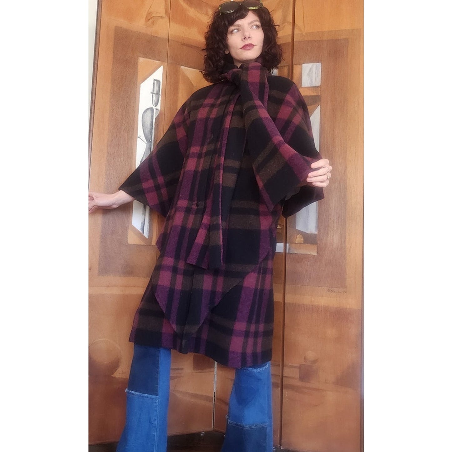 Vintage 1990s Purple Wool Plaid Poncho Cloak Coat Cape w/Scarf