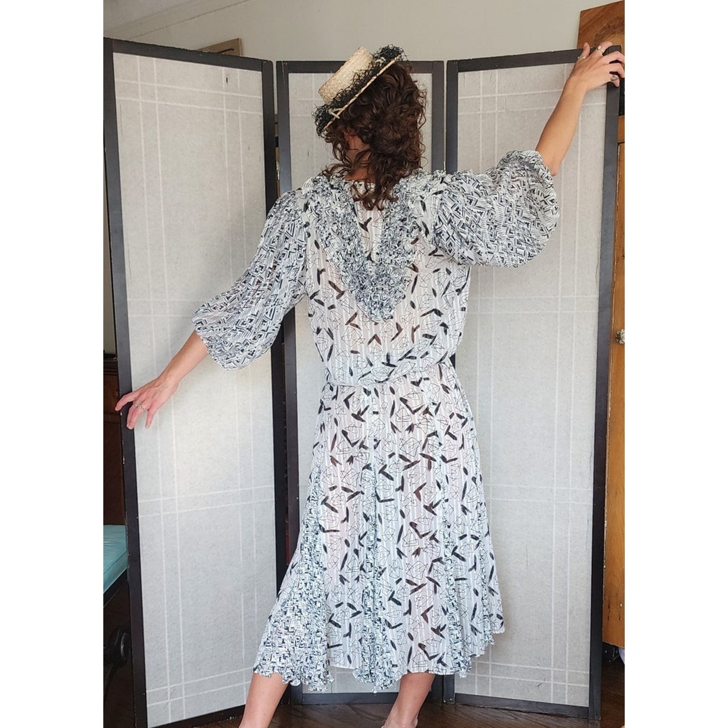 Vintage 1980s Diane Freis Fishtail Skirt Blouse Set Black White Georgette Graphic Print