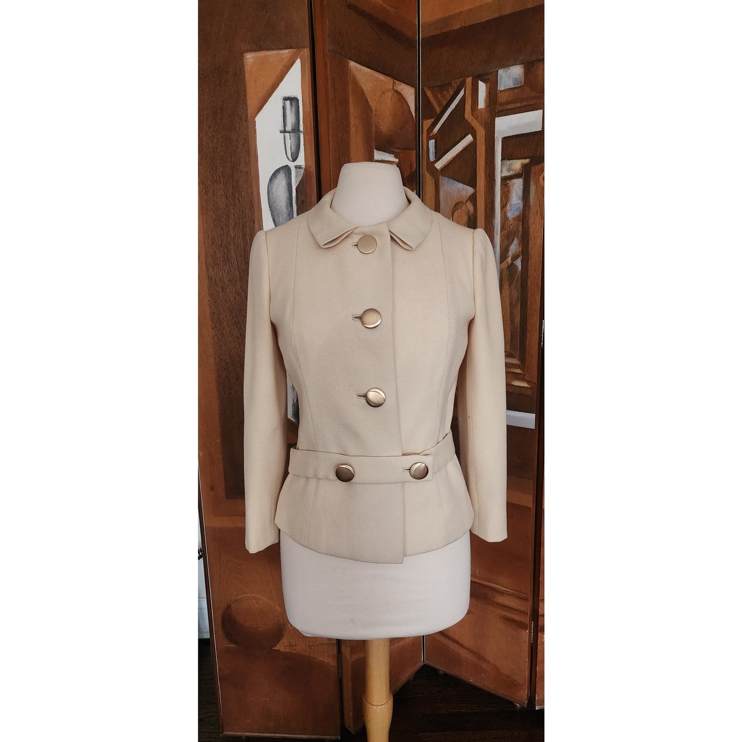 Vintage 60s Marshall Field & Company Cream Wool Peplum Jacket