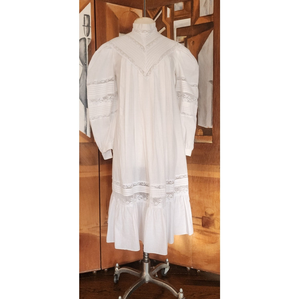 Vintage 80s Ceegee Sue Wong White Cotton Lace Dress Festival Boho Victorian Puff Sleeve