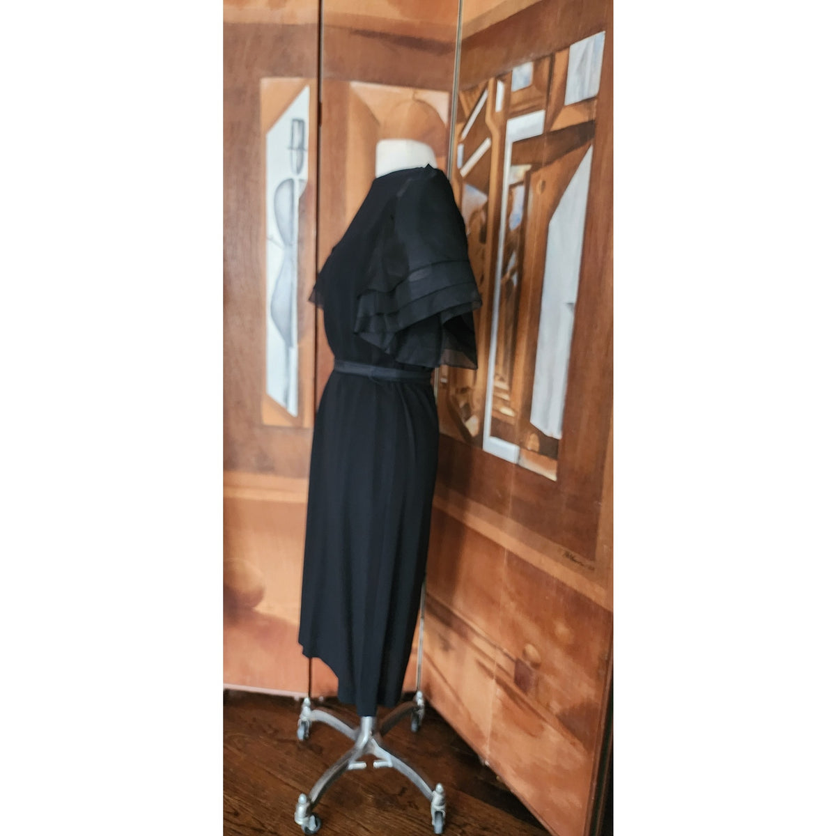 Vintage 1980s Bill Blass Party Dress Black Organza Puffy Sleeve Belted Medium