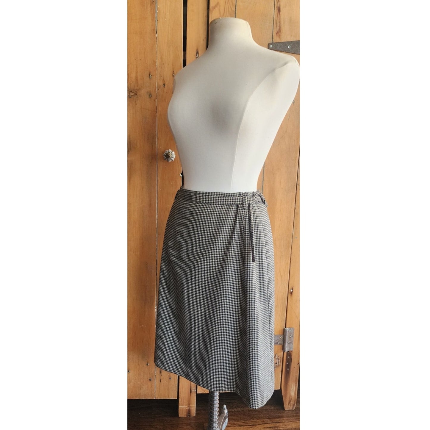 Vintage Dries Van Noten Skirt Gray Houndstooth Wool A Line Knee Length Belt Sash / Medium