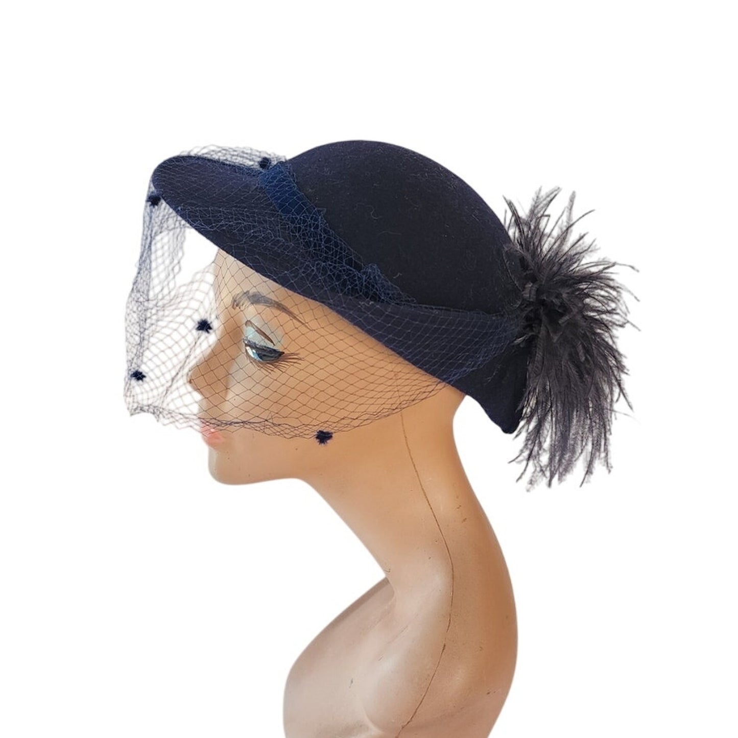 Vintage 70s Navy Blue Wool Hat w/Ostrich Feither & Dotted Veil Georgi