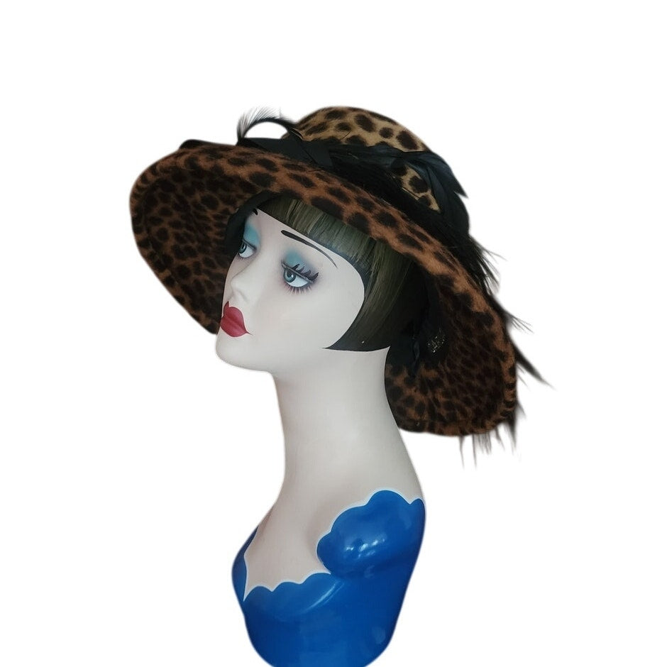 Vintage Y2K Carluci Millinery Animal Print Hat Wide Brimmed w/Bow & Feathers