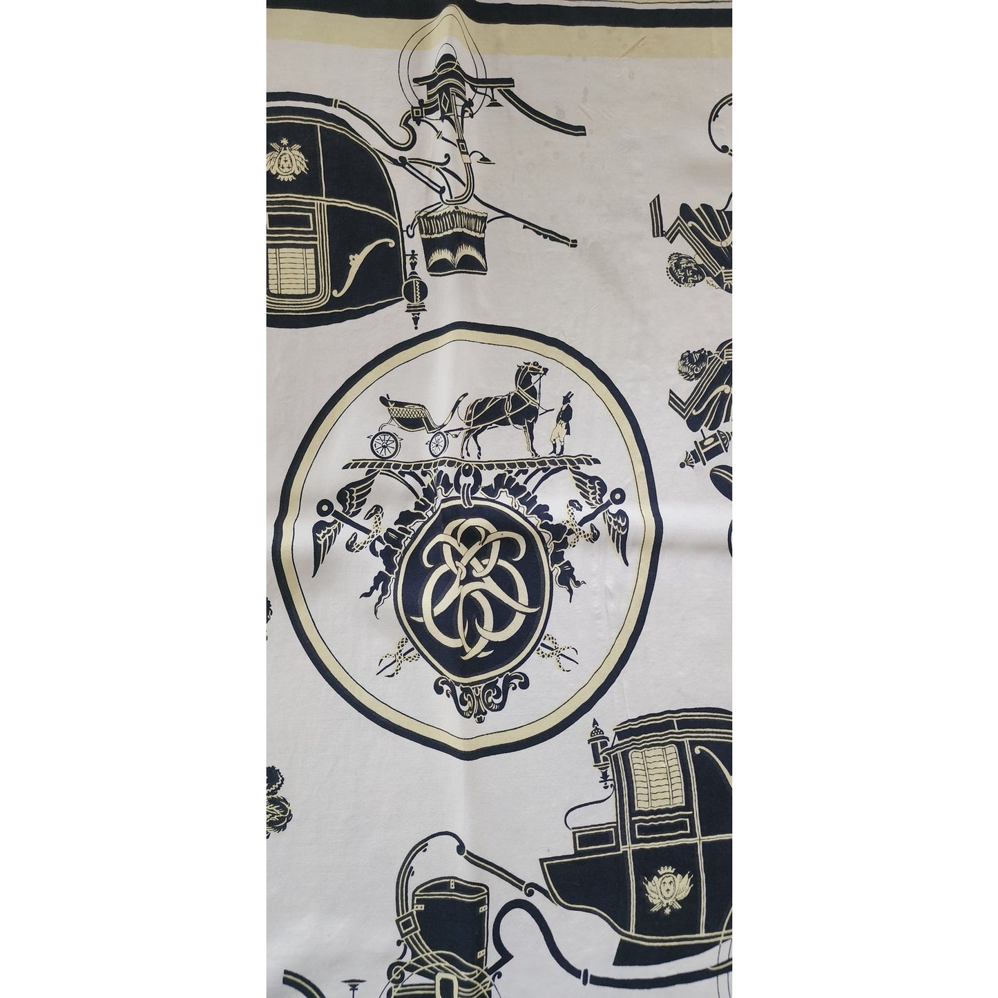 Vintage HERMES Scarf Square Silk Ex-Libris Yellow Hugo Grygkar Horse Carriages