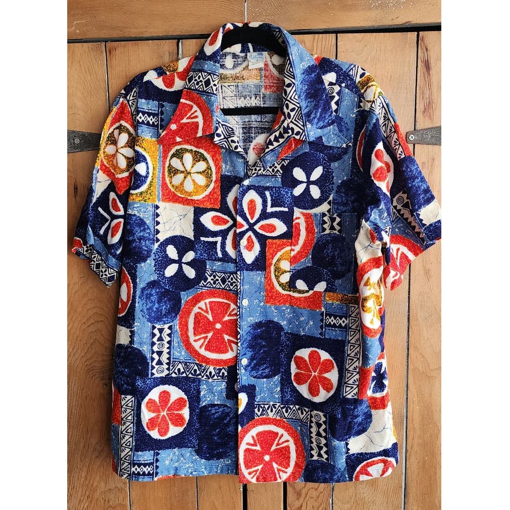 Vintage 50s Hawaiian Shirt Bark Cloth Tiki Print