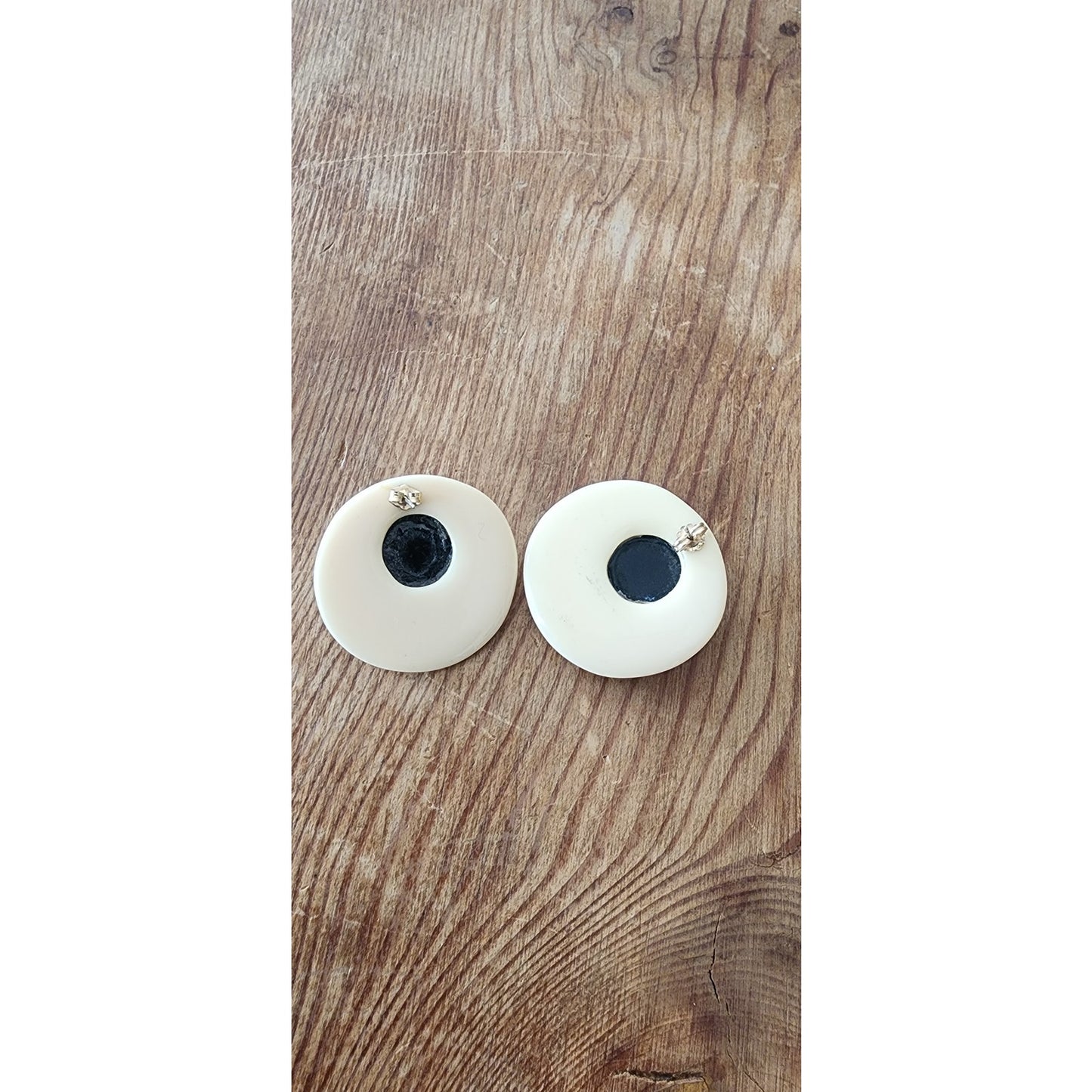 Vintage 60s Mod Button Earrings Cream Black Oversized Geometric Discs