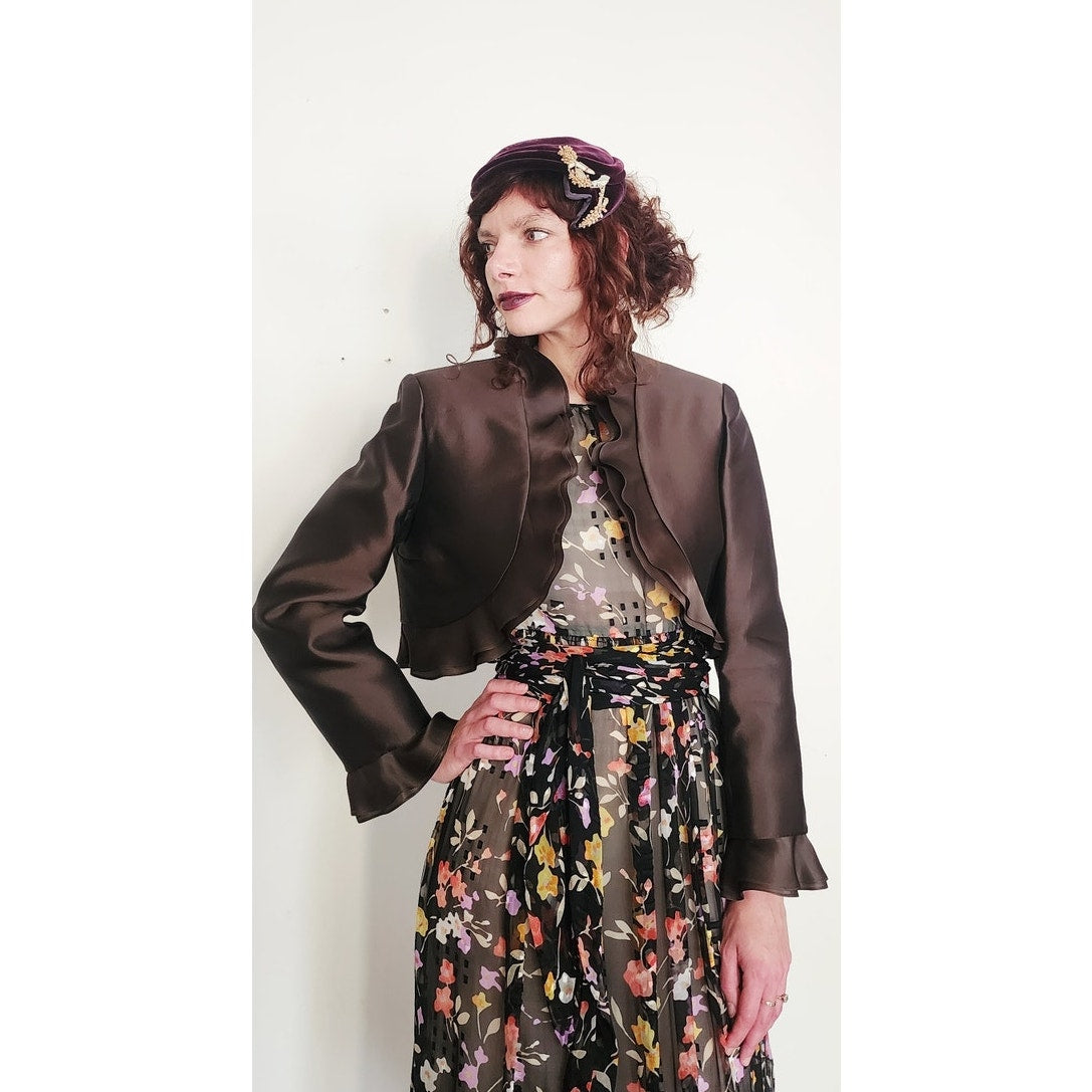Vintage Brown Jacket Ruffled Trim Wool Silk Frascara M