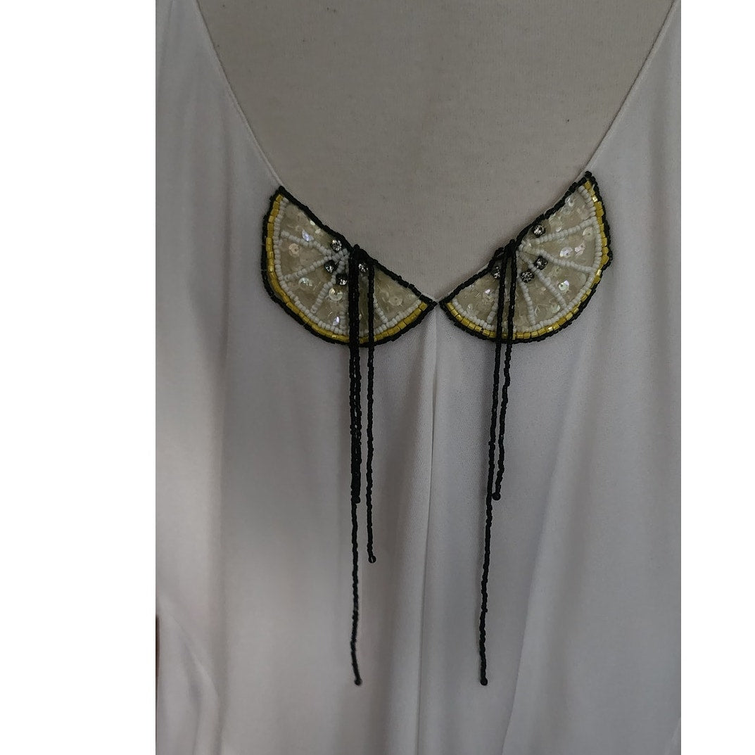 Vintage 1980s Holly Harp Top or Tunic Silk Jersey Embroidered Fruit Sequins Beaded Fringe