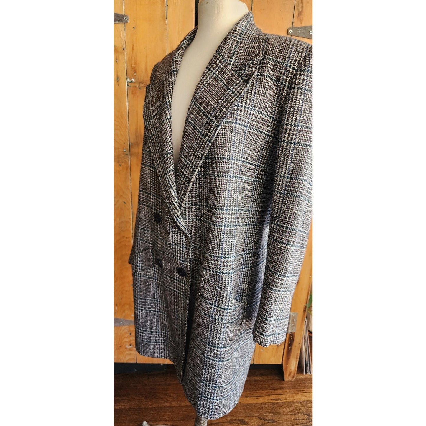 Vintage 1980s Long Blazer Lilli Ann Houndstooth Wool Jacket Gray Black