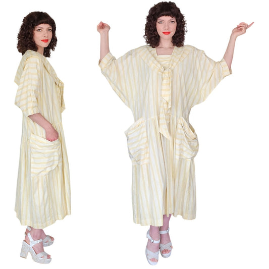 Vintage 80s Striped Dress UTOPIA Yellow White Oversized