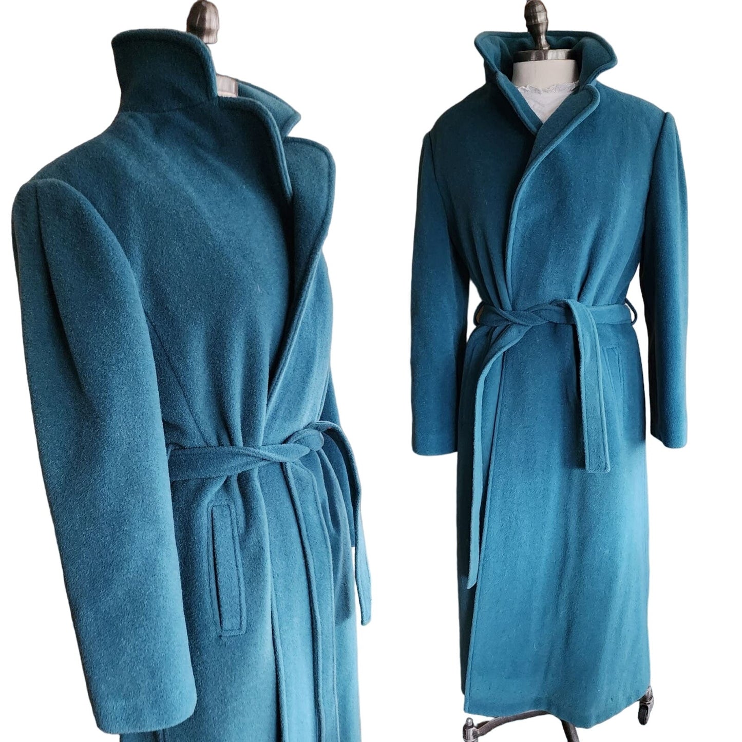Vintage 80s Blue Wool Coat, Belted, Rosewin