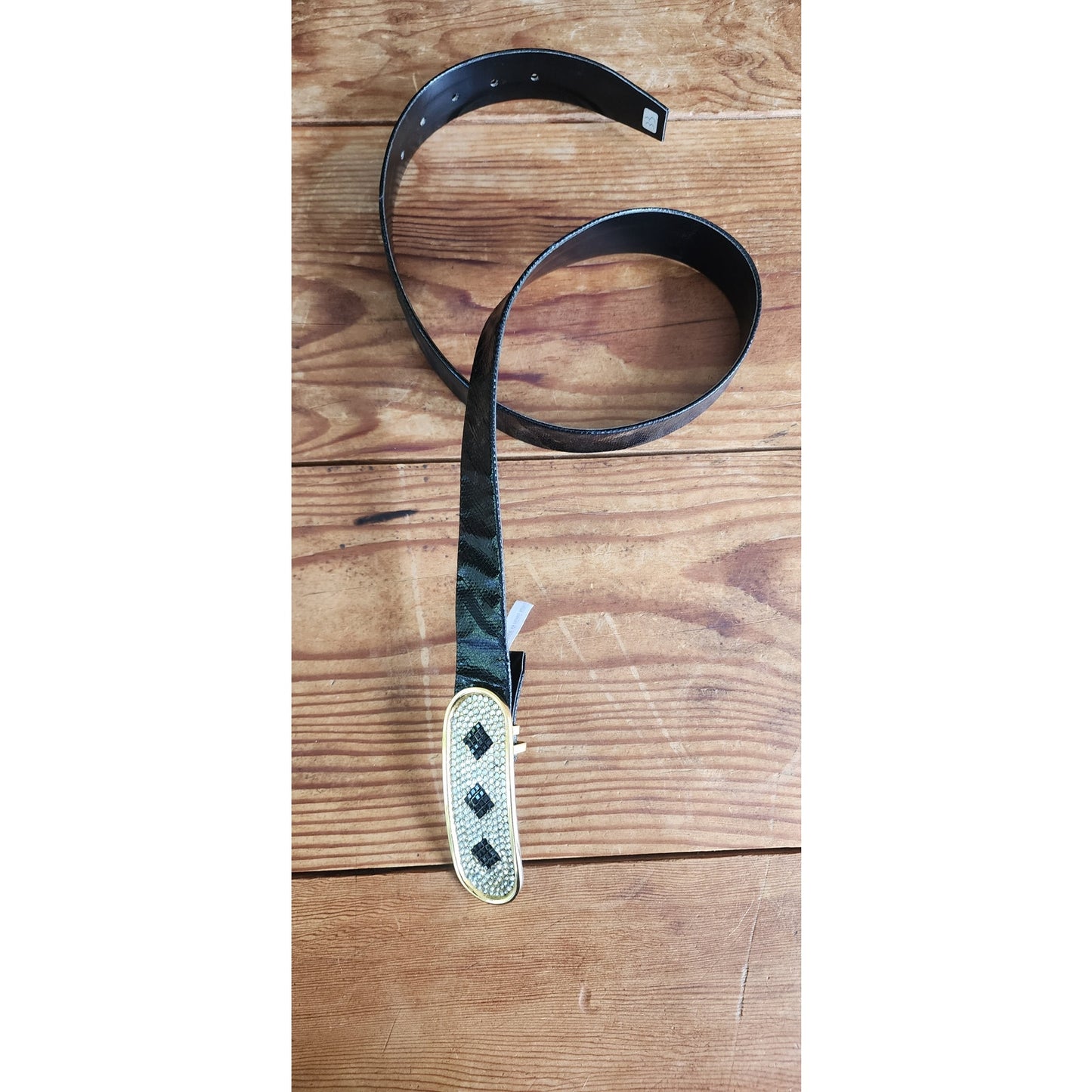 Vintage 80s Belt Rhinestone Buckle Black Leather /