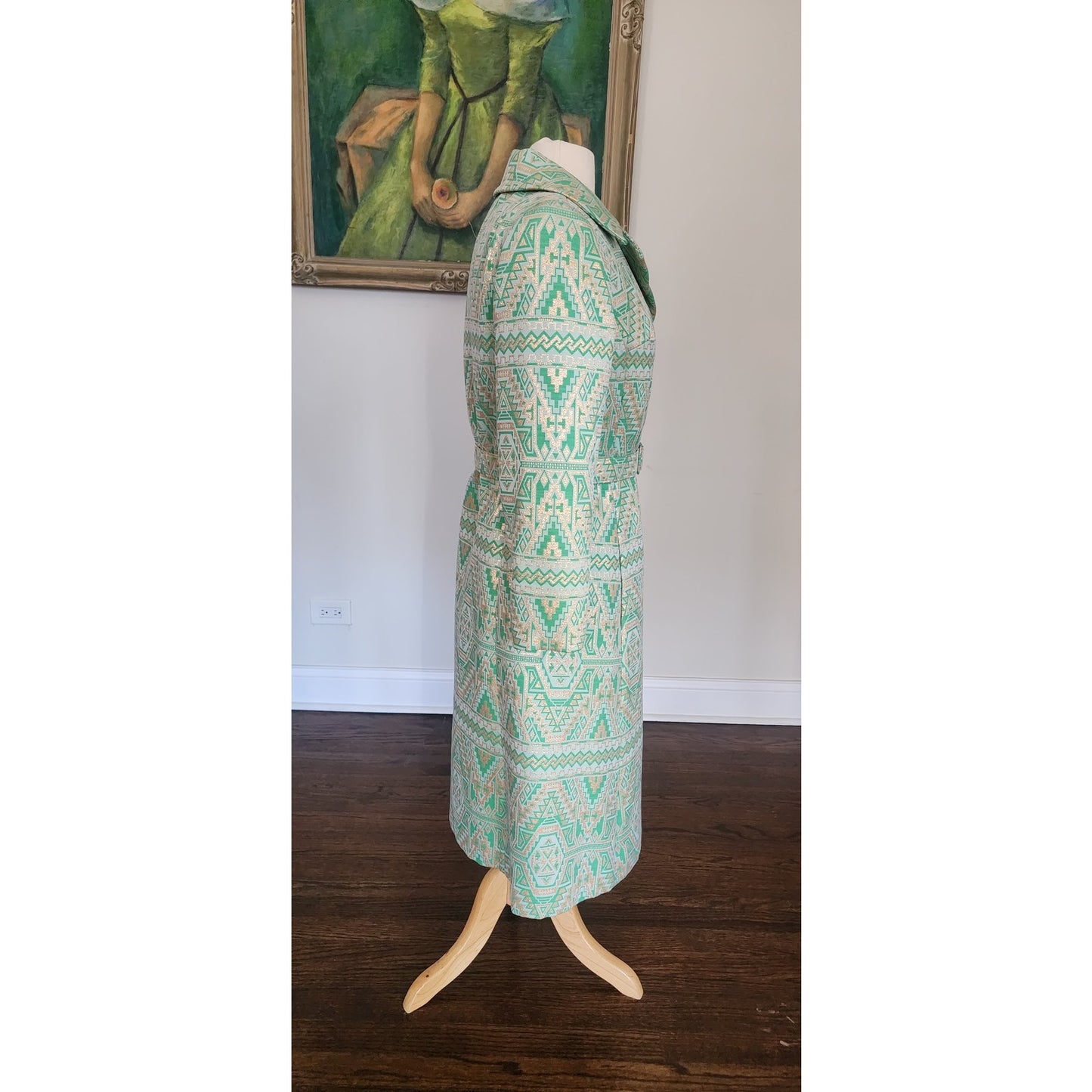 Vintage 1960s Belted Coat Mod Green Print Geometric Abstract Chas A Stevens