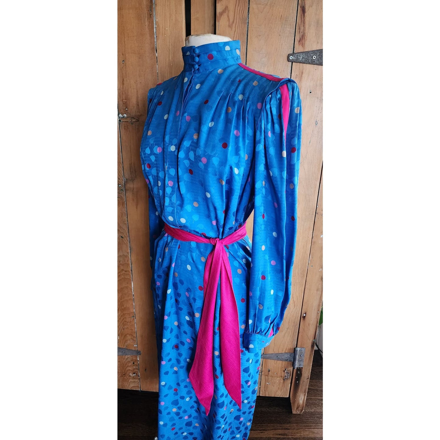 Vintage 80s Blue Silk Dress Polkadot Print Francesca Damon Starington