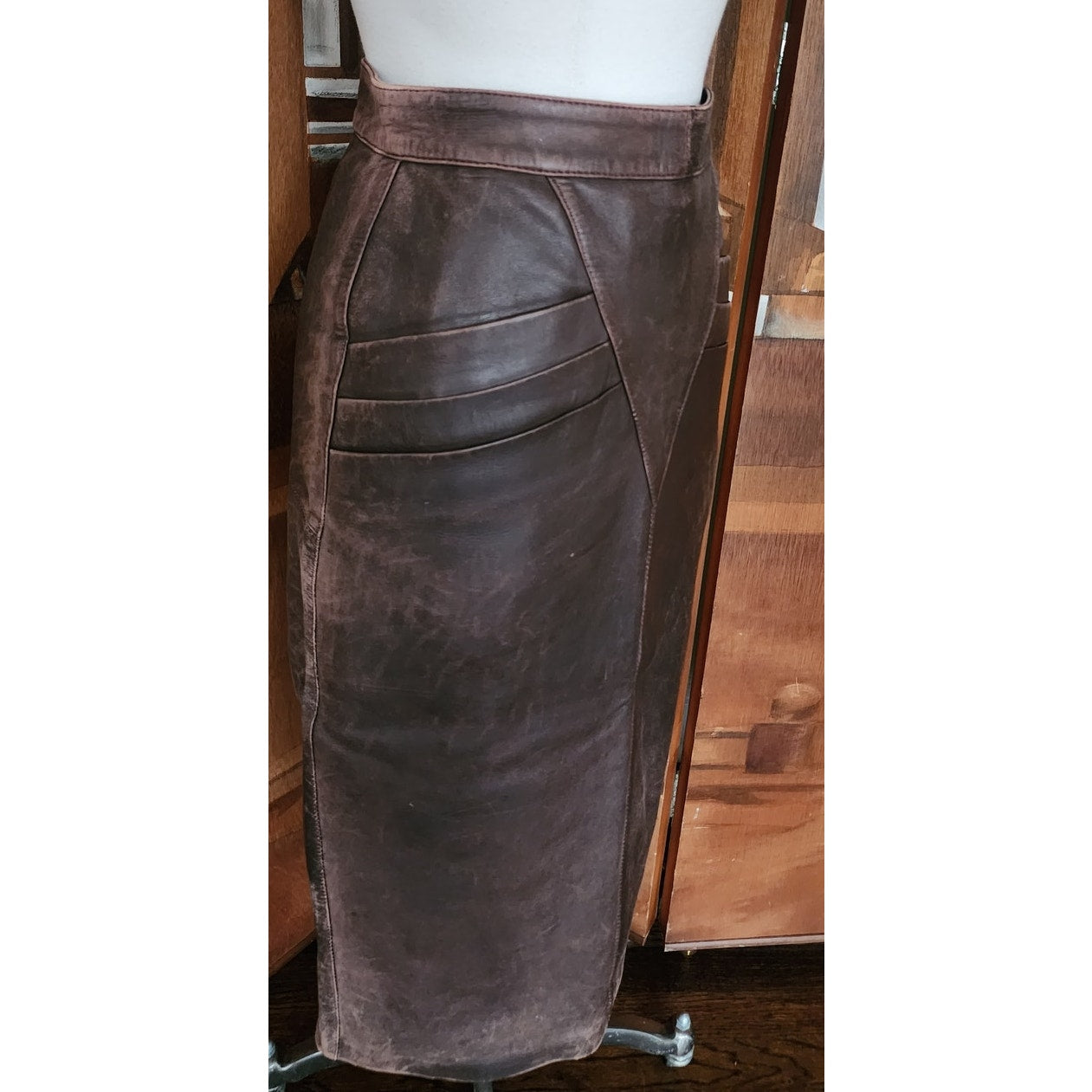 Vintage 80s Brown Leather Pencil Skirt High Waisted Geometric Accent Stitching
