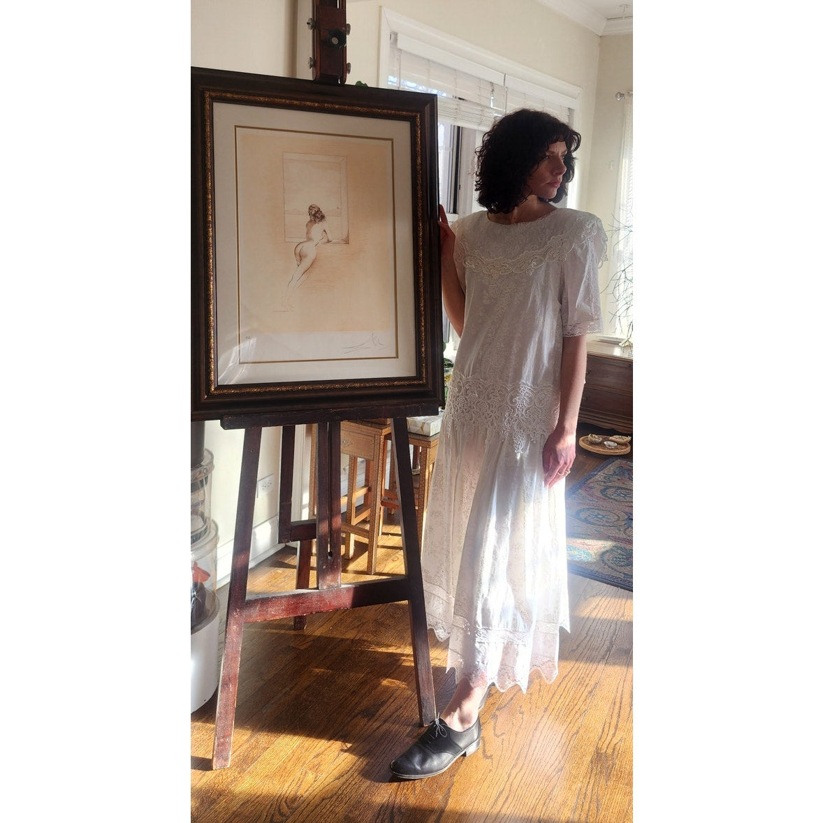 Vintage 80s Scott McClintock White Lace Dress Drop Waist Puffed Sleeves NWT