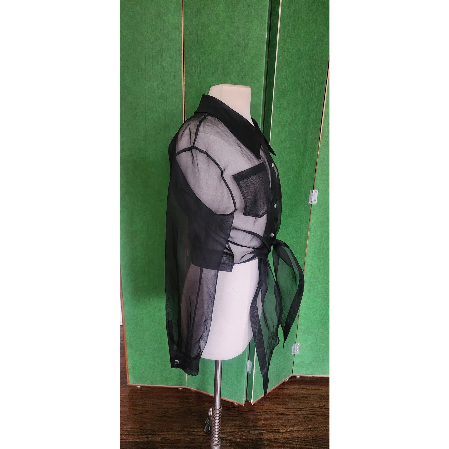 Vintage 90s Designer Blouse Black Sheer Silk Shirt Tie Front Victoria March Chicago