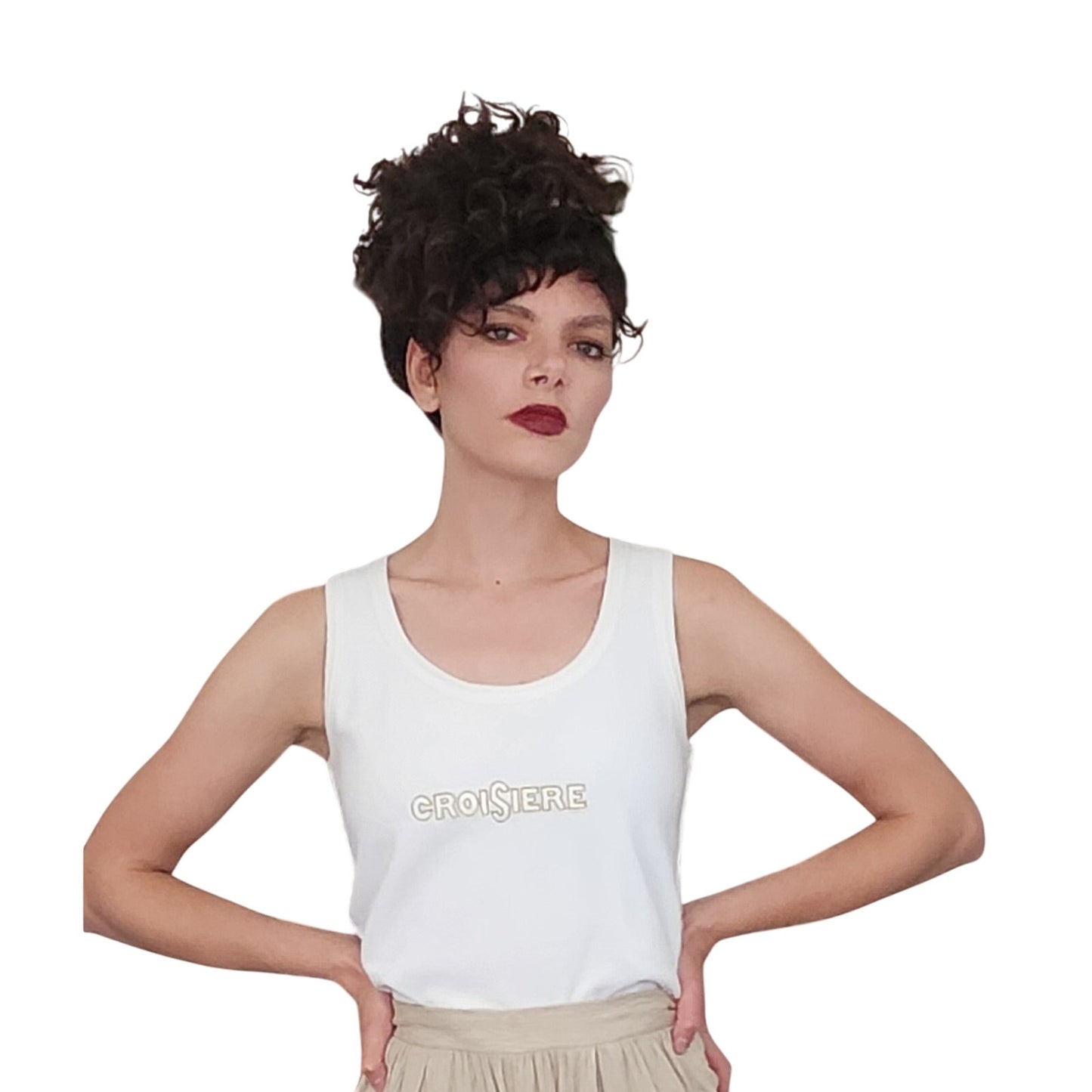 Vintage 1990s Sonia Rykiel Velour Top White Gold Tank Shell Embroidered  CROISIERE Cruise