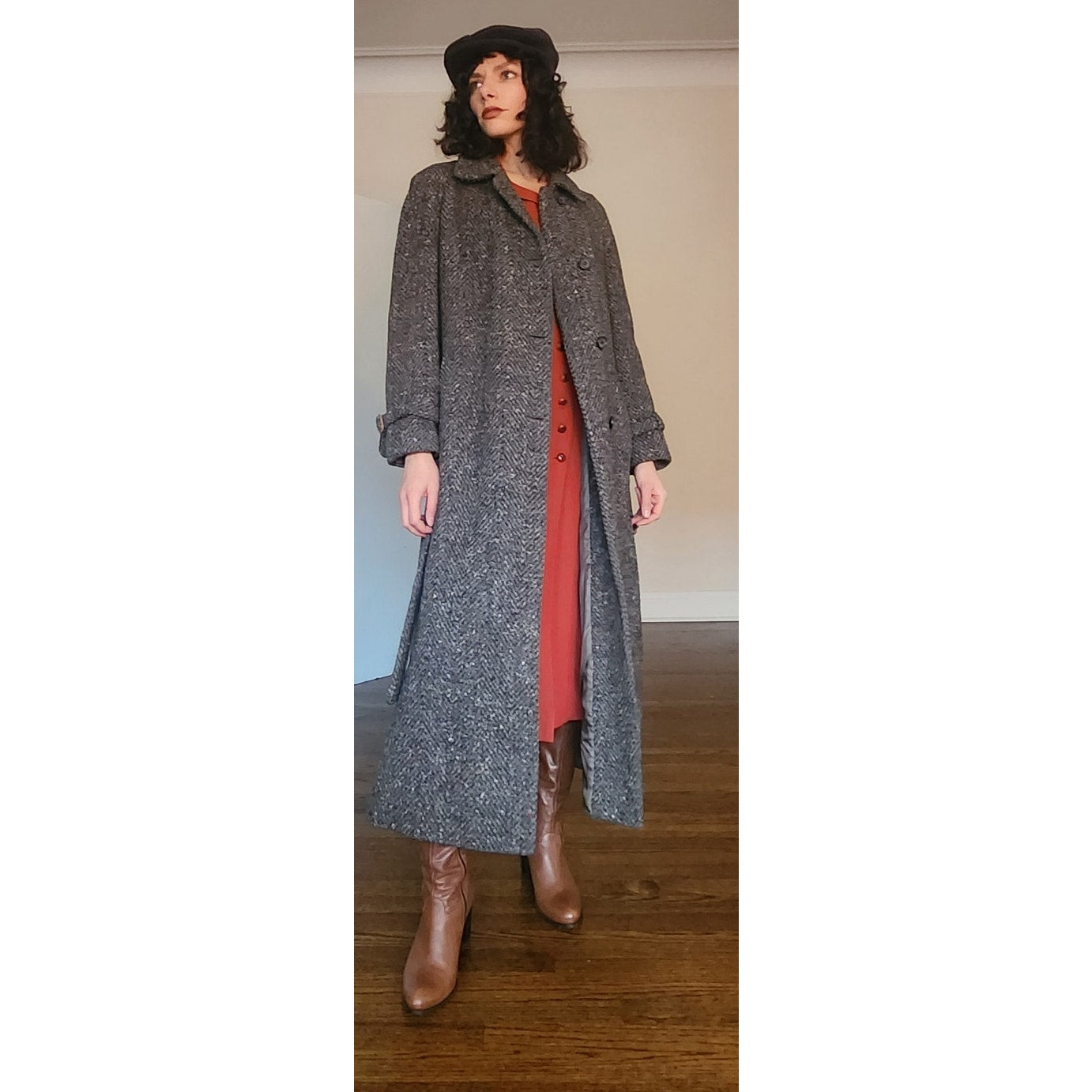 Vintage 1980s Gray Coat Tweed Wool Belted, Long by Huntleigh / Medium