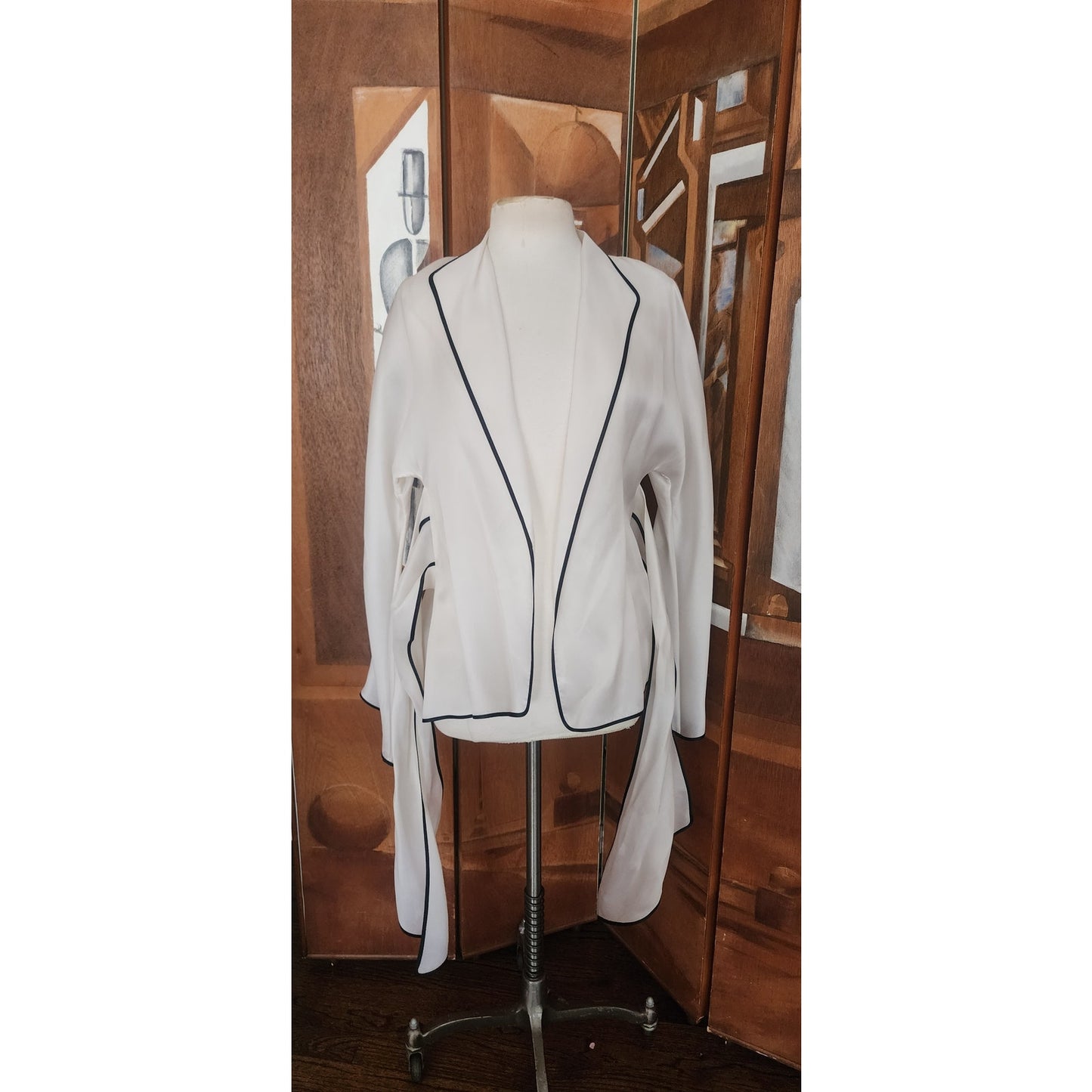Vintage 1990s Sheer White Blazer w/Black Trim Sash Tie Belt