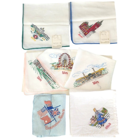 Vintage Embroidered Handkerchiefs Lot of Seven /European City Countries France Oslo Bern Vienna Basel