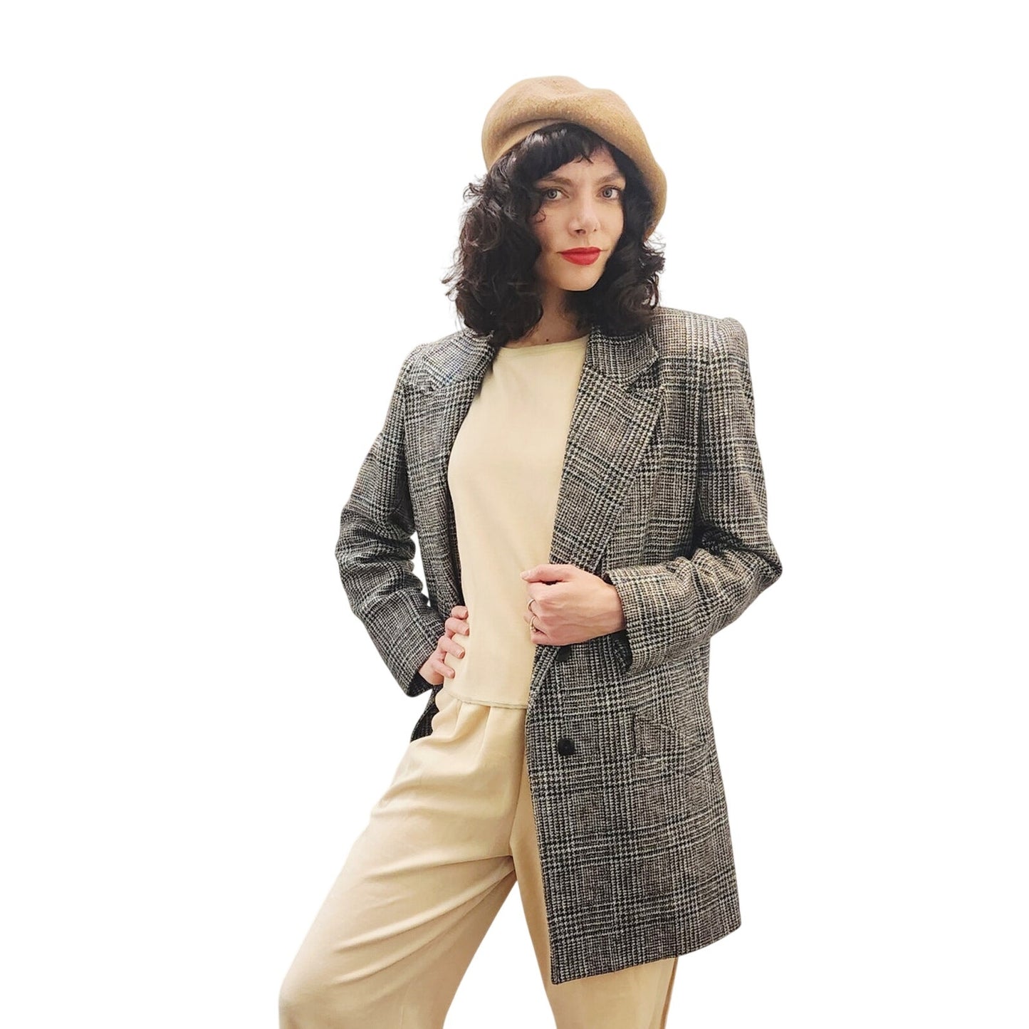 Vintage 80s Long Blazer Lilli Ann Houndstooth Wool Jacket Gray Black