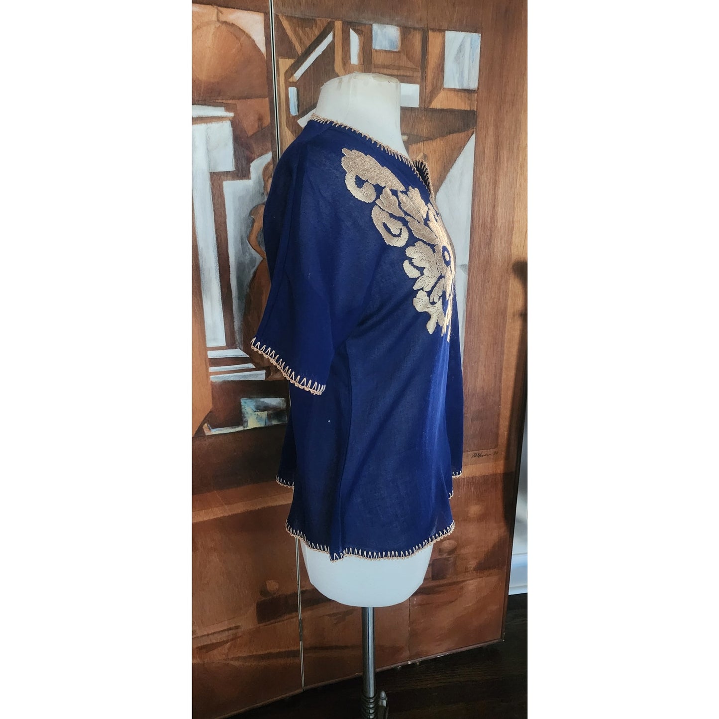 Vintage 70s 80s Royal Blue Gold Embroidered Tunic Top Sequin Caftan Blouse