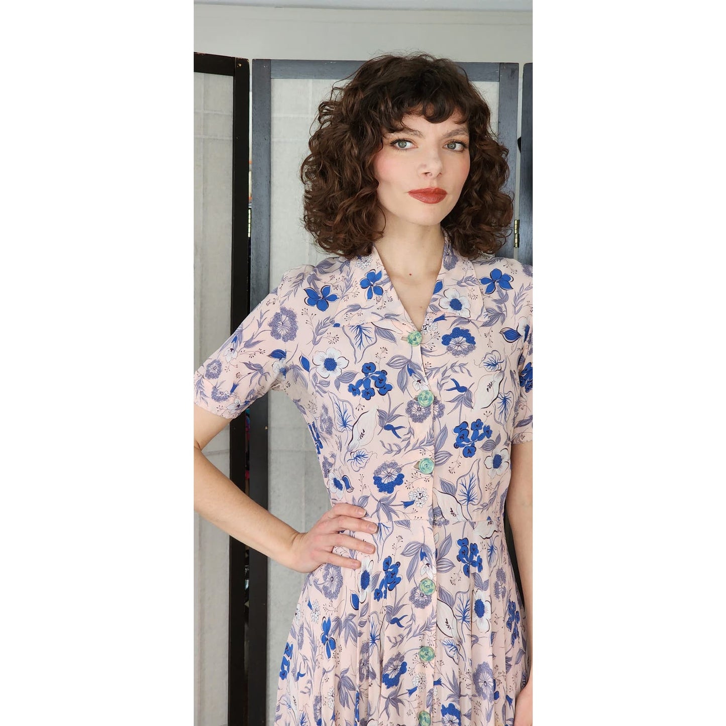 Vintage 30s Rayon Print Shirtdress Pink Blue Floral