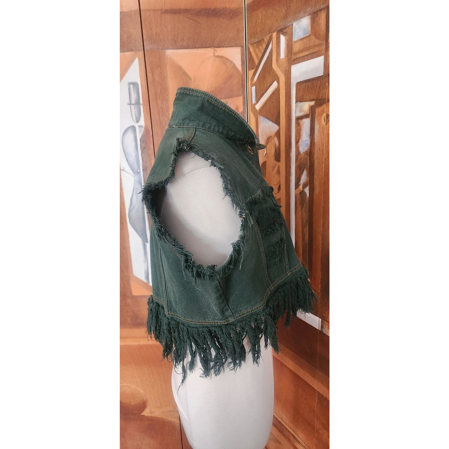 Vintage 80s Distressed Green Denim Vest Cropped Fringed by Navi / L