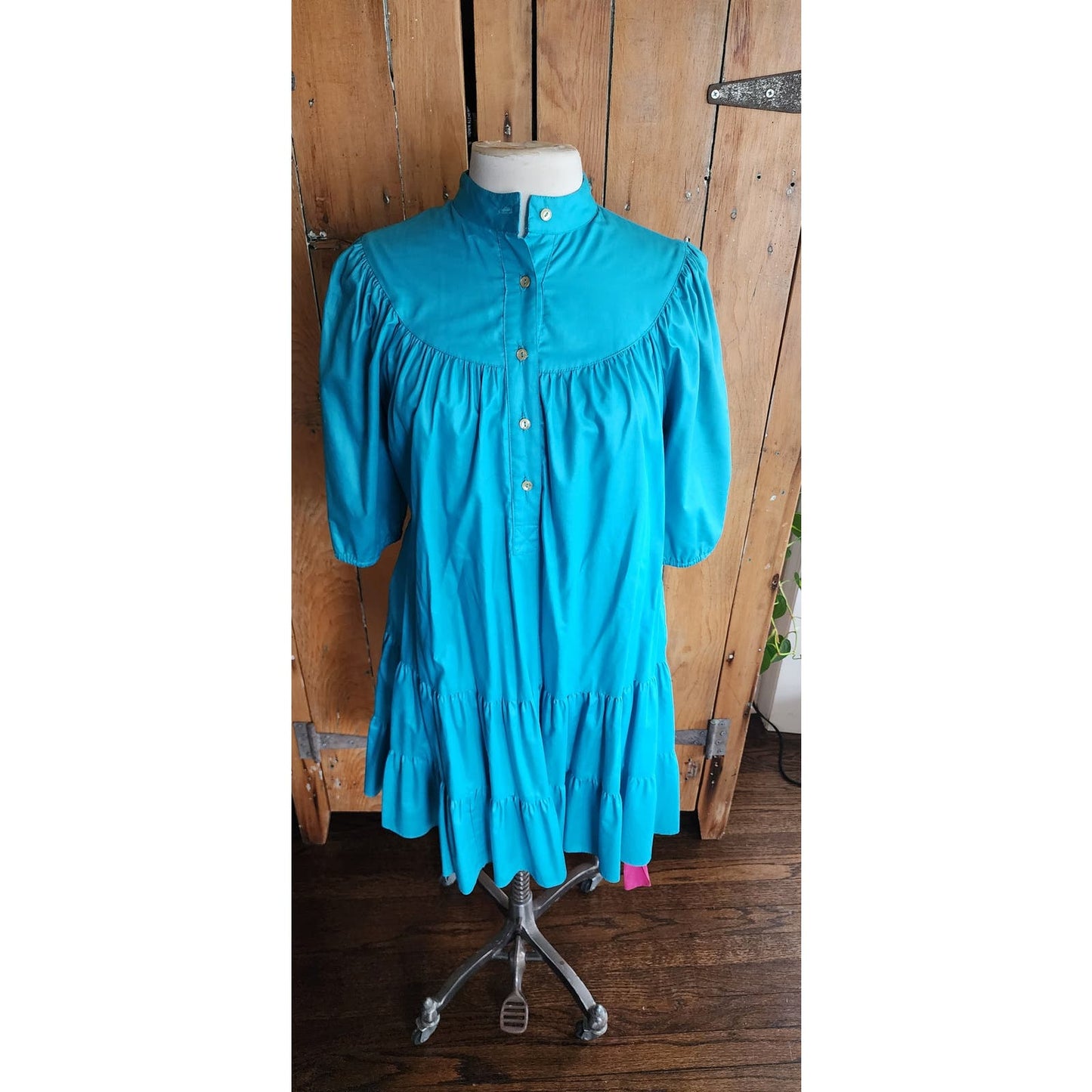Vintage 80s Blue Day Dress Puffed Sleeves Pink Belt Betsy's Things